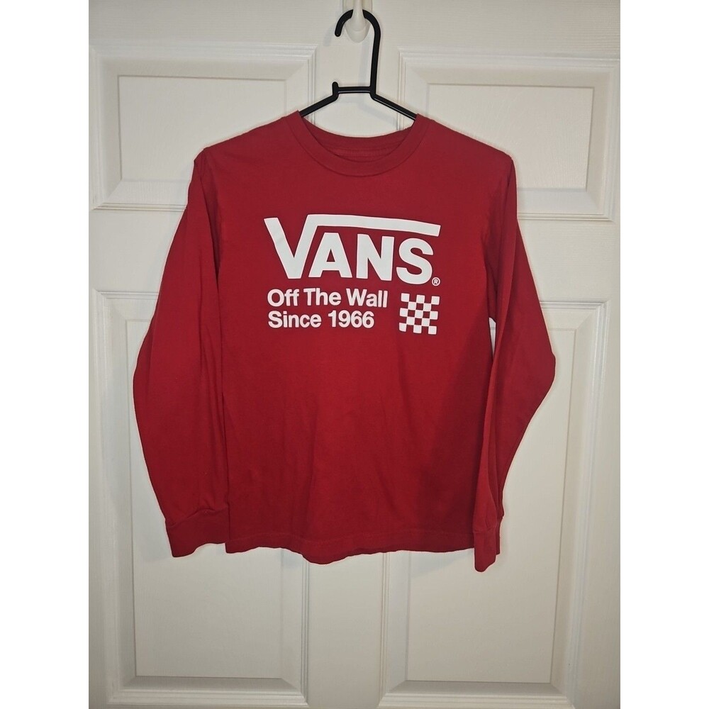 Vans Off the Wall T-Shirt Red Long Sleeve Tee Boys Medium 100% Cotton Crew Neck
